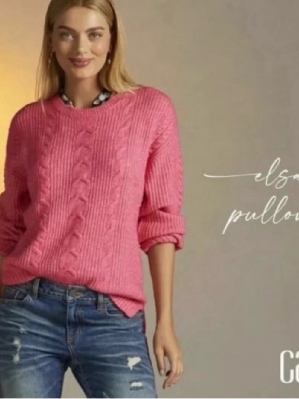CAbi Pink Cable-Knit Crewneck Sweater